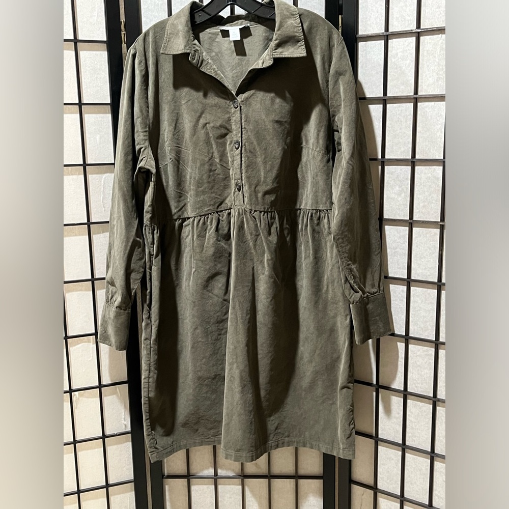 NINE WEST Olive Green Button-Up BODICE BABYDOLL Shirt WAIST Dress WOMEN SIZE XL - Picture 7 of 10
